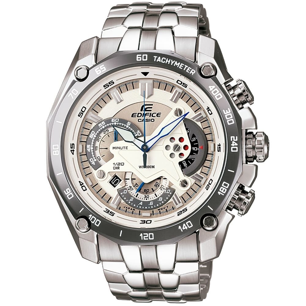 Casio Edifice EF-550D-7AV men's chronograph watch, white dial, silver-tone stainless steel bracelet – front view