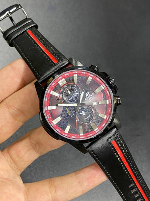Casio Edifice EFR-303CL-1AV men's chronograph watch, black dial, genuine black leather strap – detail view 2