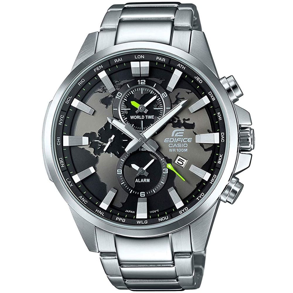 Casio Edifice EFR-303D-1AV men's world time watch, black dial, silver-tone stainless steel bracelet – front view