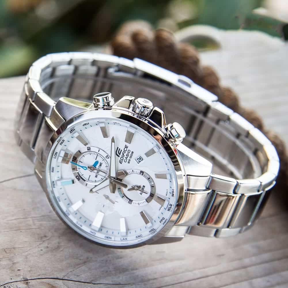 Casio Edifice EFR-303D-7AV men's world time watch, silver dial, silver-tone stainless steel bracelet – detail view 3