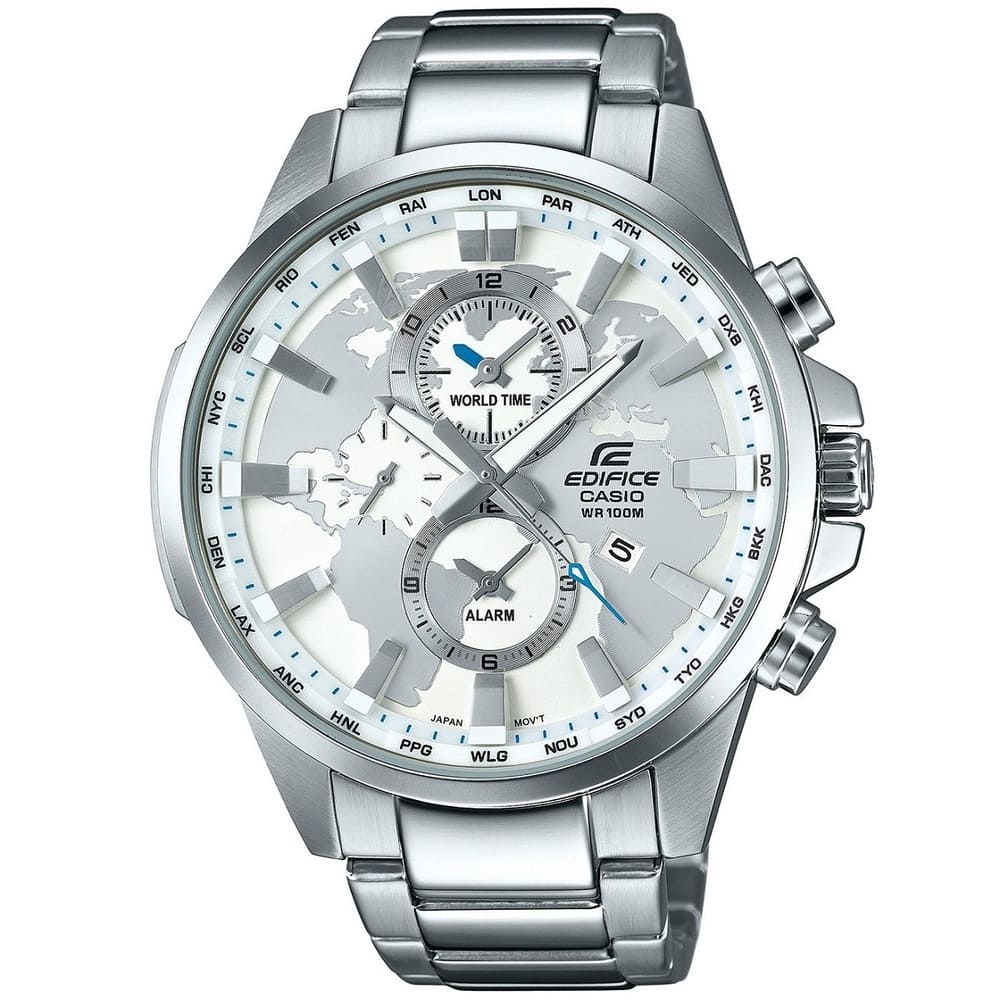 Casio Edifice EFR-303D-7AV men's world time watch, silver dial, silver-tone stainless steel bracelet – front view