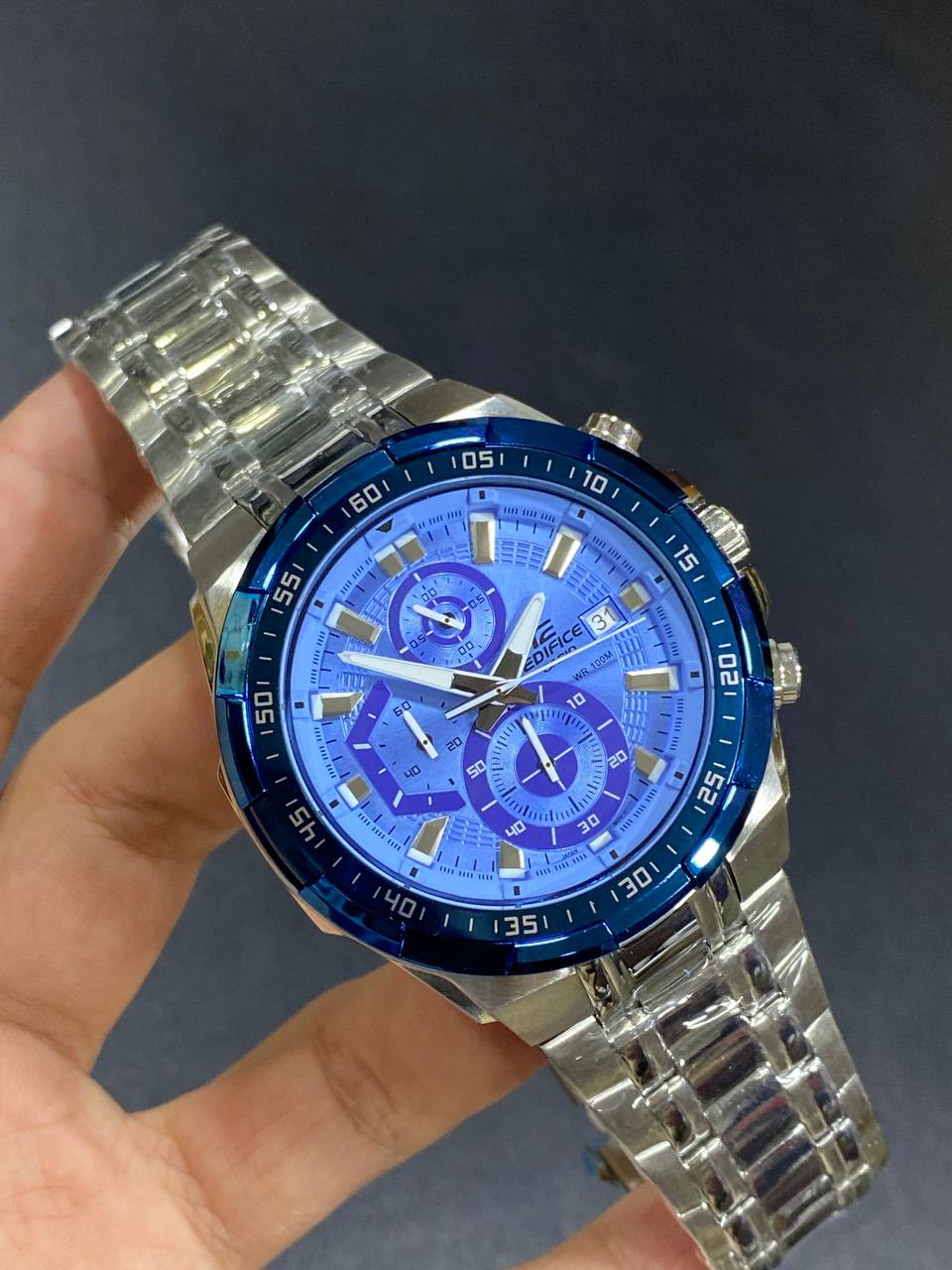 Casio Edifice EFR-539DE-2A men's chronograph watch, blue dial, silver-tone stainless steel bracelet – detail view 5