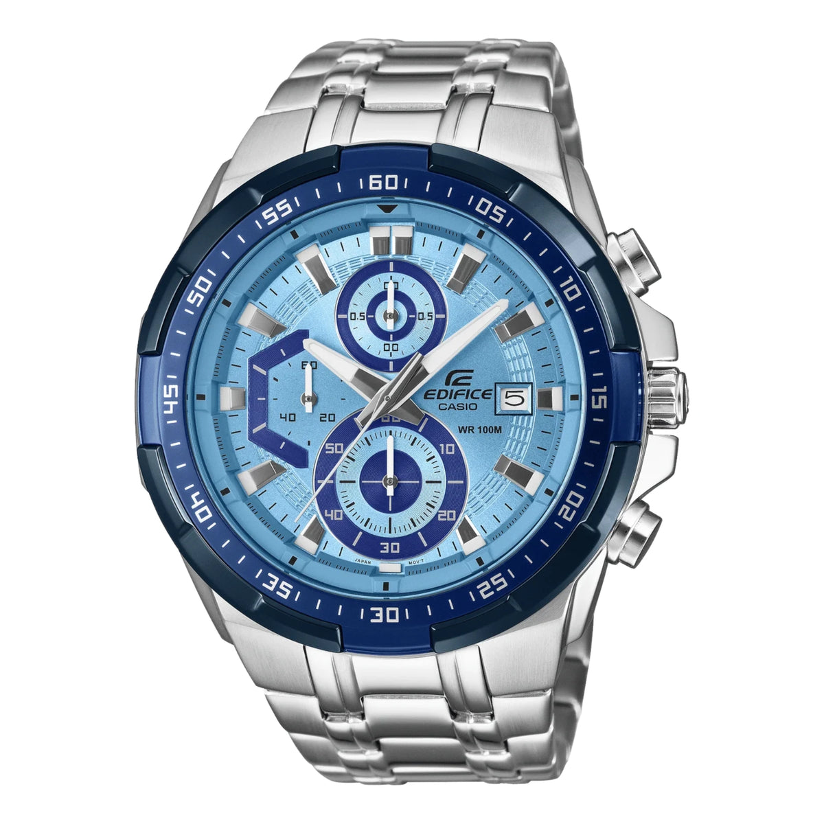 Casio Edifice EFR-539DE-2A men's chronograph watch, blue dial, silver-tone stainless steel bracelet – front view