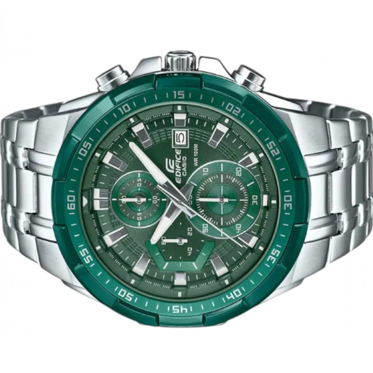 Casio Edifice EFR-539DE-3A men's chronograph watch, green dial, silver-tone stainless steel bracelet – detail view 2