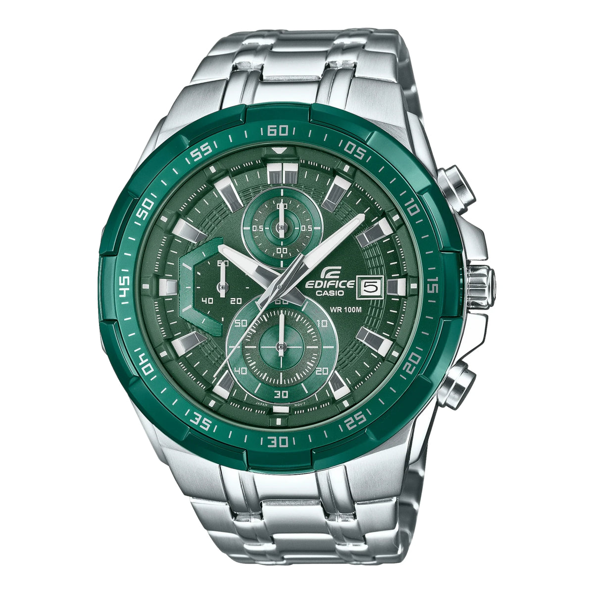 Casio Edifice EFR-539DE-3A men's chronograph watch, green dial, silver-tone stainless steel bracelet – front view