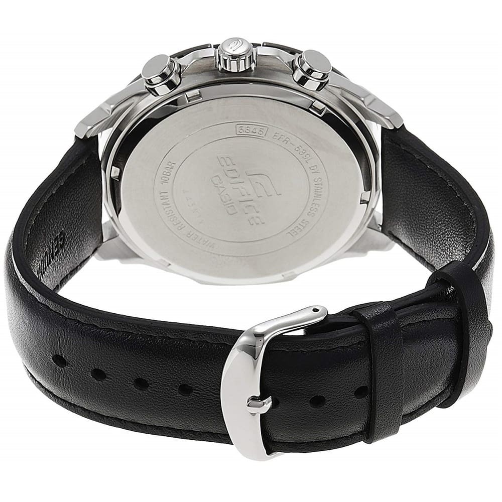 Casio Edifice EFR-539L-1AV men's chronograph watch, black dial, black leather strap – caseback strap view