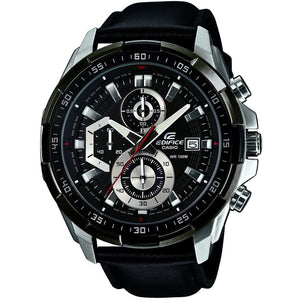 Casio Edifice EFR-539L-1AV men's chronograph watch, black dial, black leather strap – front angle view
