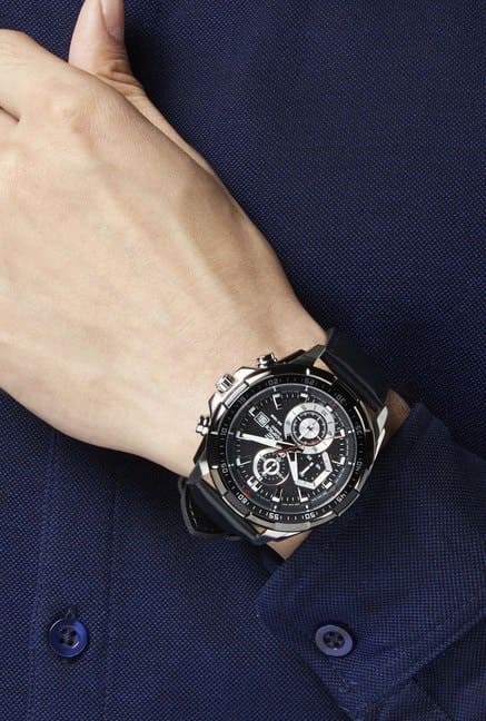 Casio Edifice EFR-539L-1AV men's chronograph watch, black dial, black leather strap – lifestyle wrist view
