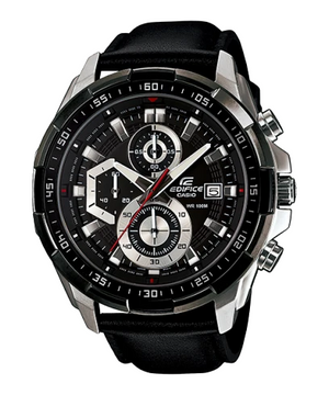 Casio Edifice EFR-539L-1AV men's chronograph watch, black dial, black leather strap – official front view