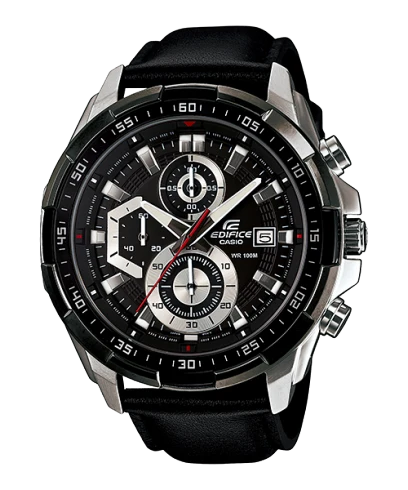 Casio Edifice EFR-539L-1AV men's chronograph watch, black dial, black leather strap – official front view