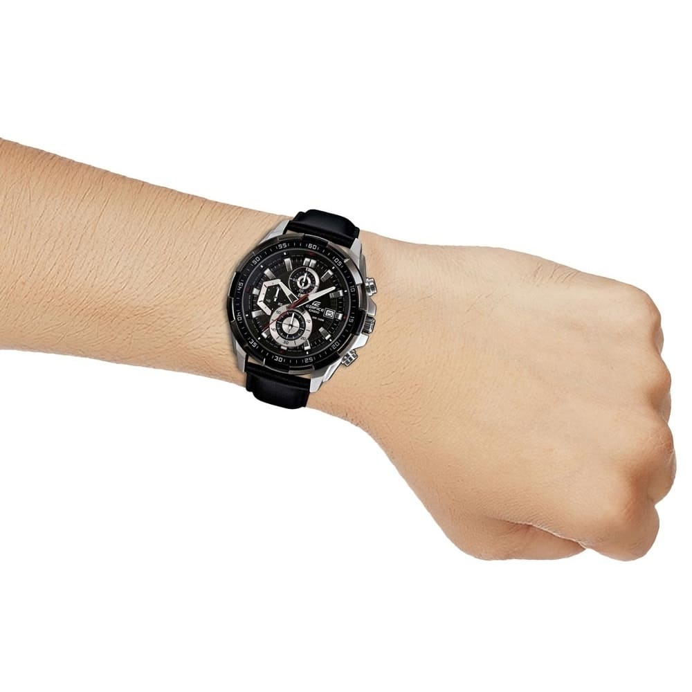 Casio Edifice EFR-539L-1AV men's chronograph watch, black dial, black leather strap – on wrist view
