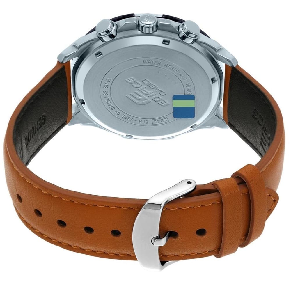 Casio Edifice EFR-539L-1BV men's chronograph watch, black dial, genuine brown leather strap – detail view 2