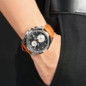 Casio Edifice EFR-539L-1BV men's chronograph watch, black dial, genuine brown leather strap – detail view 3