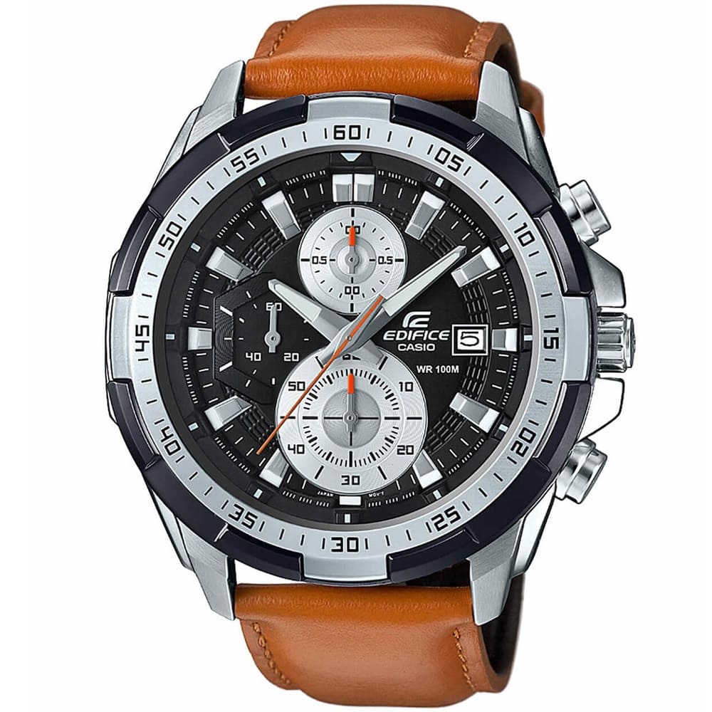 Casio Edifice EFR-539L-1BV men's chronograph watch, black dial, genuine brown leather strap – front view