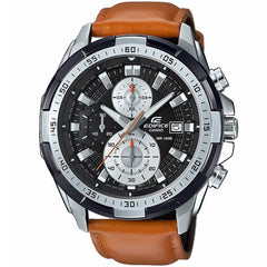 Casio Edifice EFR-539L-1BV men's chronograph watch, black dial, genuine brown leather strap – front view