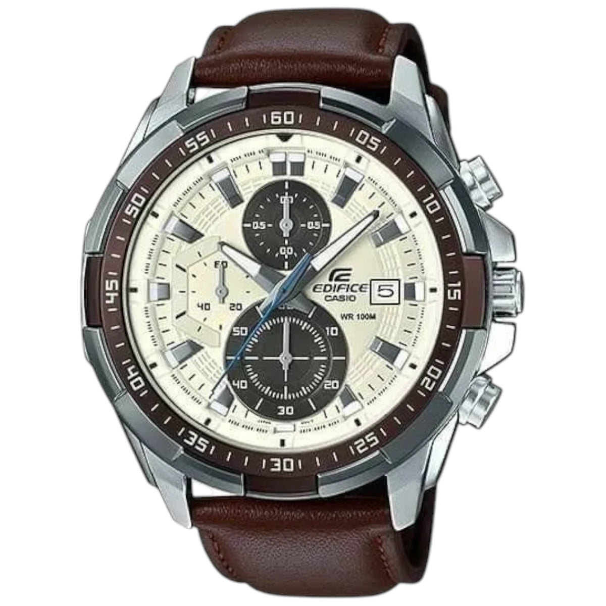 Casio Edifice EFR-539L-7BV men's chronograph watch, white dial, genuine brown leather strap – front view