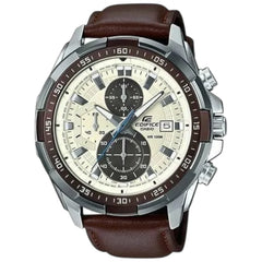 Casio Edifice EFR-539L-7BV men's chronograph watch, white dial, genuine brown leather strap – front view