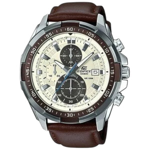 Casio Edifice EFR-539L-7BV men's chronograph watch, white dial, genuine brown leather strap – front view