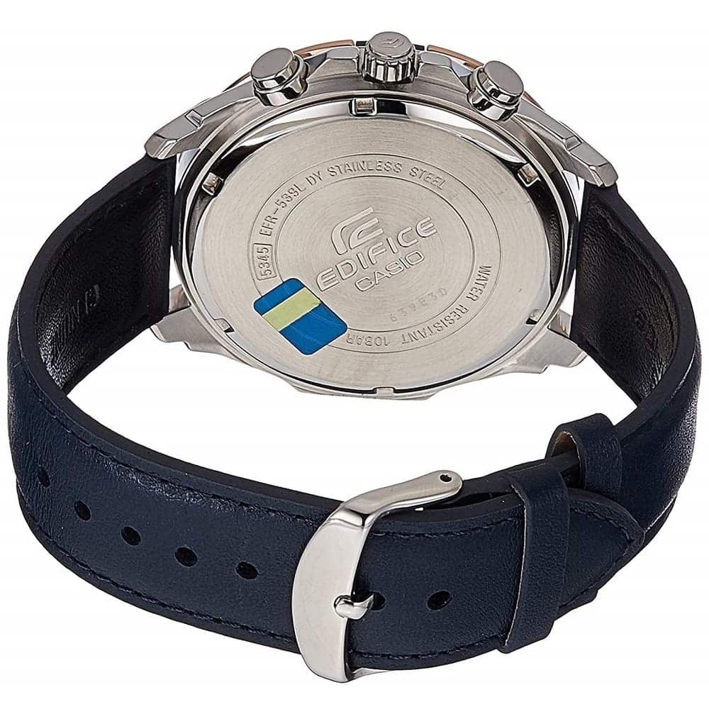Casio Edifice EFR-539L-7CV men's chronograph watch, white dial, blue leather strap – caseback strap view