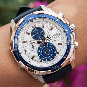 Casio Edifice EFR-539L-7CV men's chronograph watch, white dial, blue leather strap – dial close up view