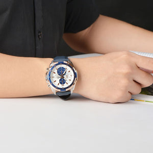 Casio Edifice EFR-539L-7CV men's chronograph watch, white dial, blue leather strap – on wrist view