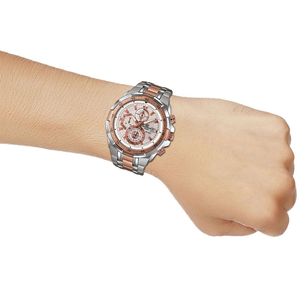 Casio Edifice EFR-539SG-7A5V men's chronograph watch, white dial, two-tone silver and rose gold-tone stainless steel bracelet – detail view 2
