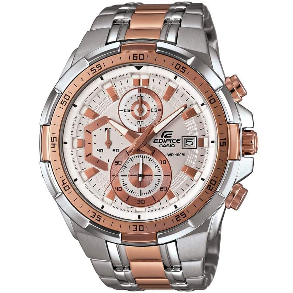Casio Edifice EFR-539SG-7A5V men's chronograph watch, white dial, two-tone silver and rose gold-tone stainless steel bracelet – front view