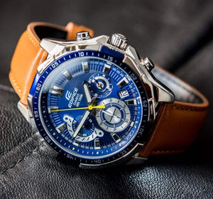 Casio Edifice EFR-554L-2AV men's chronograph watch, blue dial, genuine brown leather strap – detail view 2