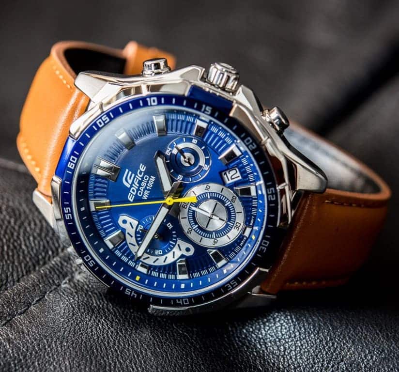 Casio Edifice EFR-554L-2AV men's chronograph watch, blue dial, genuine brown leather strap – detail view 2