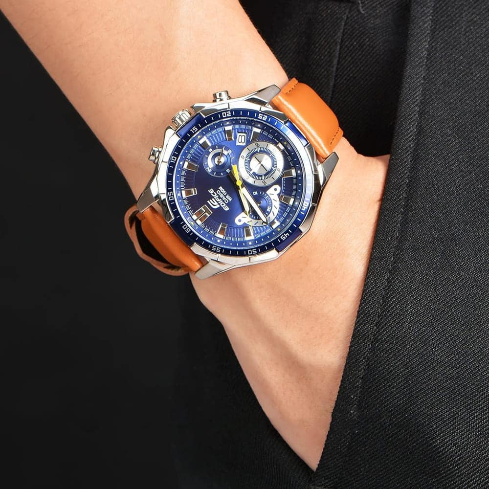 Casio Edifice EFR-554L-2AV men's chronograph watch, blue dial, genuine brown leather strap – detail view 3