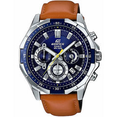 Casio Edifice EFR-554L-2AV men's chronograph watch, blue dial, genuine brown leather strap – front view