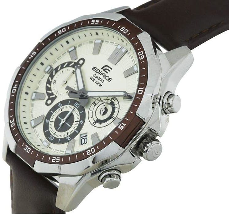 Casio Edifice EFR-554L-7AV men's chronograph watch, white dial, genuine brown leather strap – detail view 2