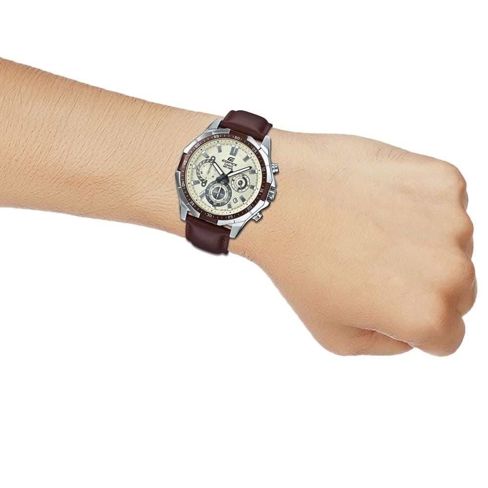 Casio Edifice EFR-554L-7AV men's chronograph watch, white dial, genuine brown leather strap – detail view 3