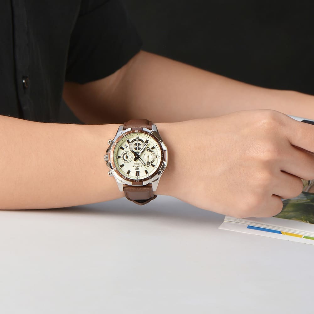 Casio Edifice EFR-554L-7AV men's chronograph watch, white dial, genuine brown leather strap – detail view 4