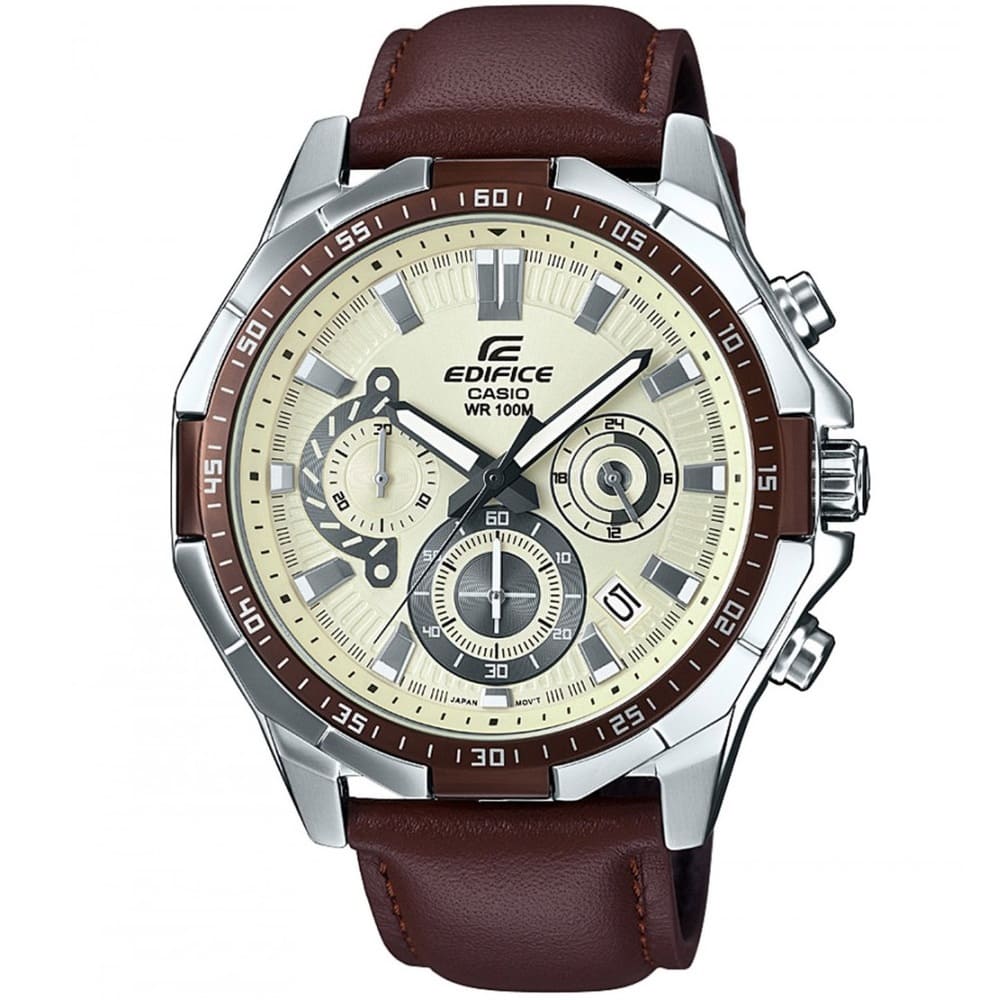 Casio Edifice EFR-554L-7AV men's chronograph watch, white dial, genuine brown leather strap – front view