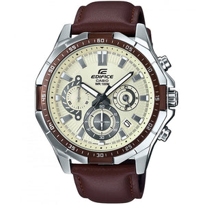 Casio Edifice EFR-554L-7AV men's chronograph watch, white dial, genuine brown leather strap – front view