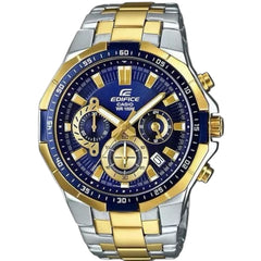 Casio Edifice EFR-554SG-2AV men's chronograph watch, blue dial, two-tone silver and gold-tone stainless steel bracelet – front view