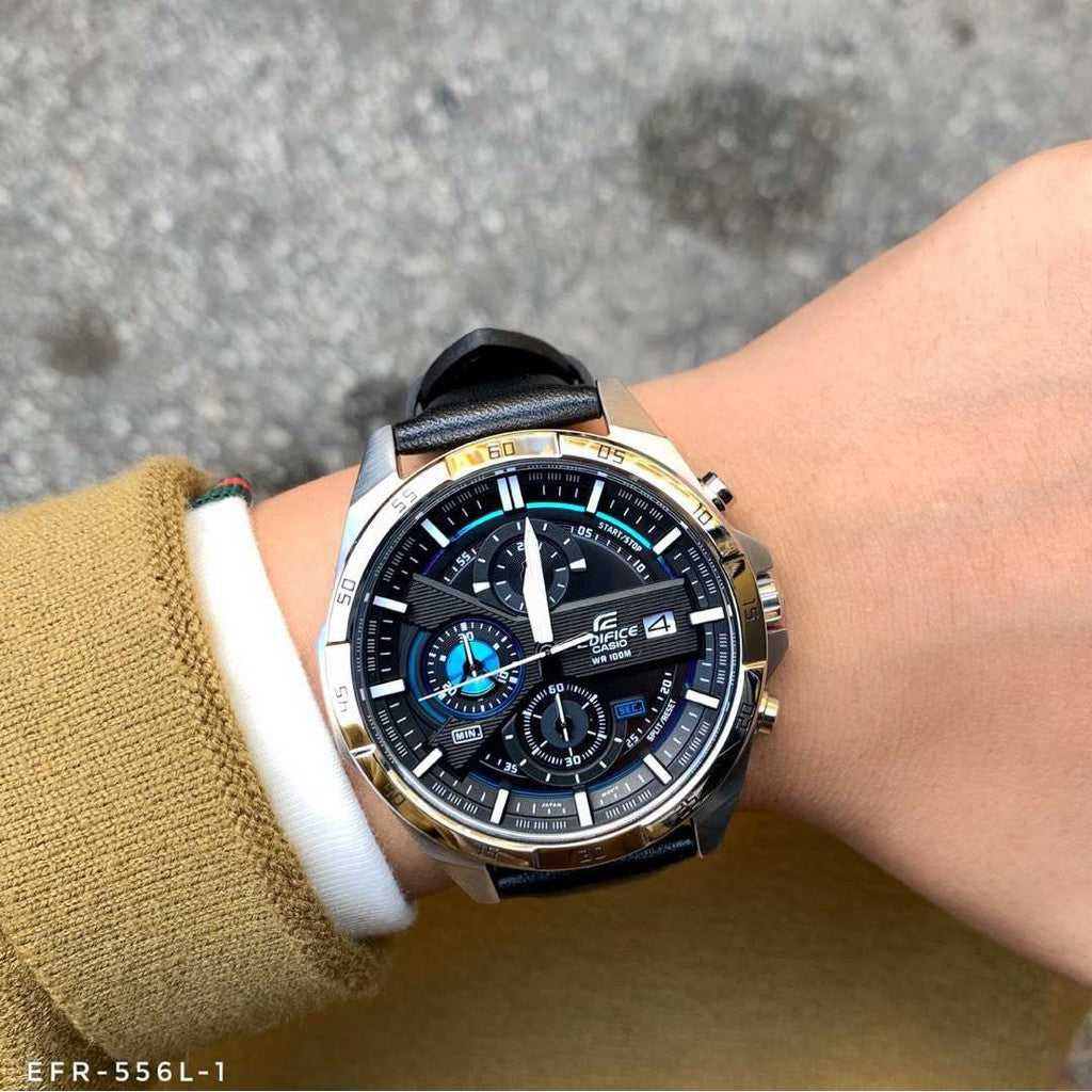 Casio Edifice EFR-556L-1AV men's chronograph watch, black dial, genuine black leather strap – detail view 5