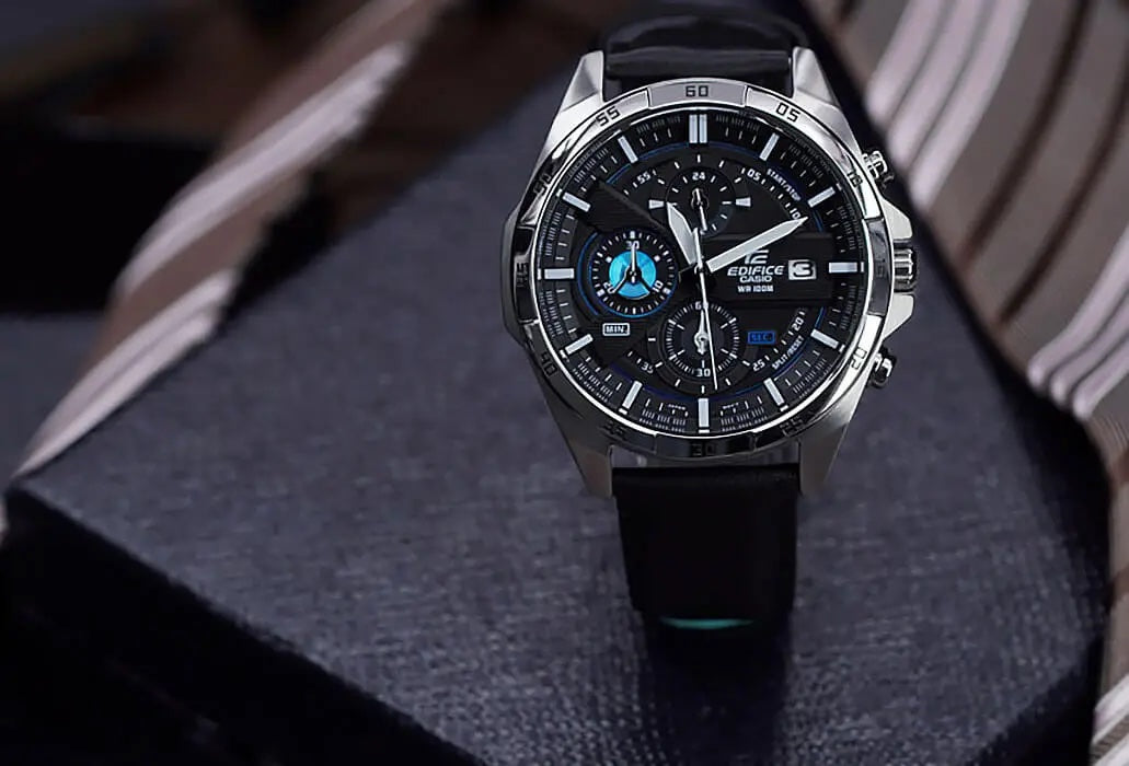 Casio Edifice EFR-556L-1AV men's chronograph watch, black dial, genuine black leather strap – detail view 6