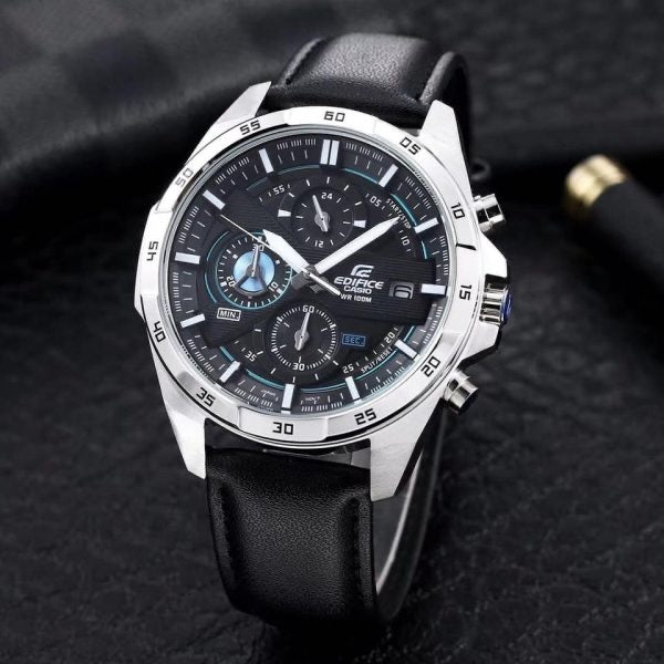Casio Edifice EFR-556L-1AV men's chronograph watch, black dial, genuine black leather strap – detail view 7