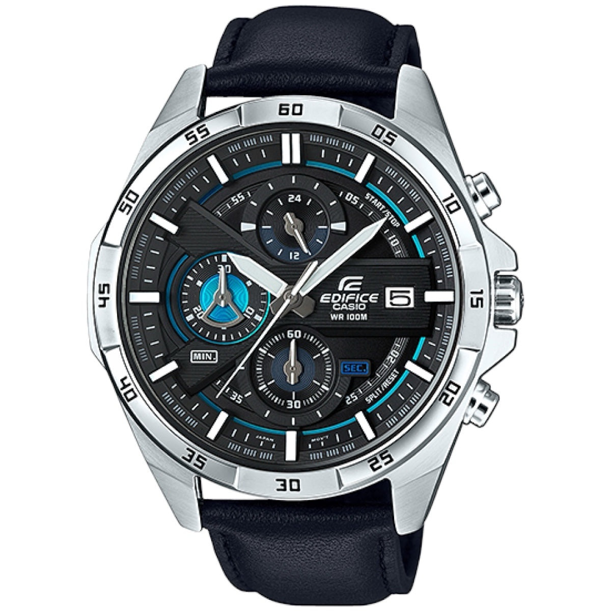 Casio Edifice EFR-556L-1AV men's chronograph watch, black dial, genuine black leather strap – front view