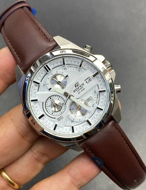 Casio Edifice EFR-556L-7AV men's chronograph watch, white dial, genuine brown leather strap – in hand view