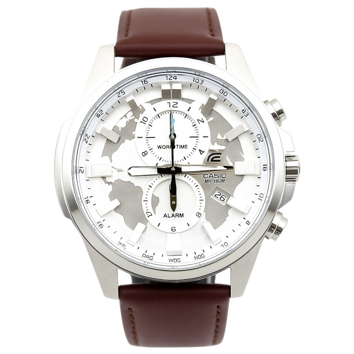 Casio Edifice EFR-556L-7AV men's chronograph watch, white dial, genuine brown leather strap – lifestyle view 2