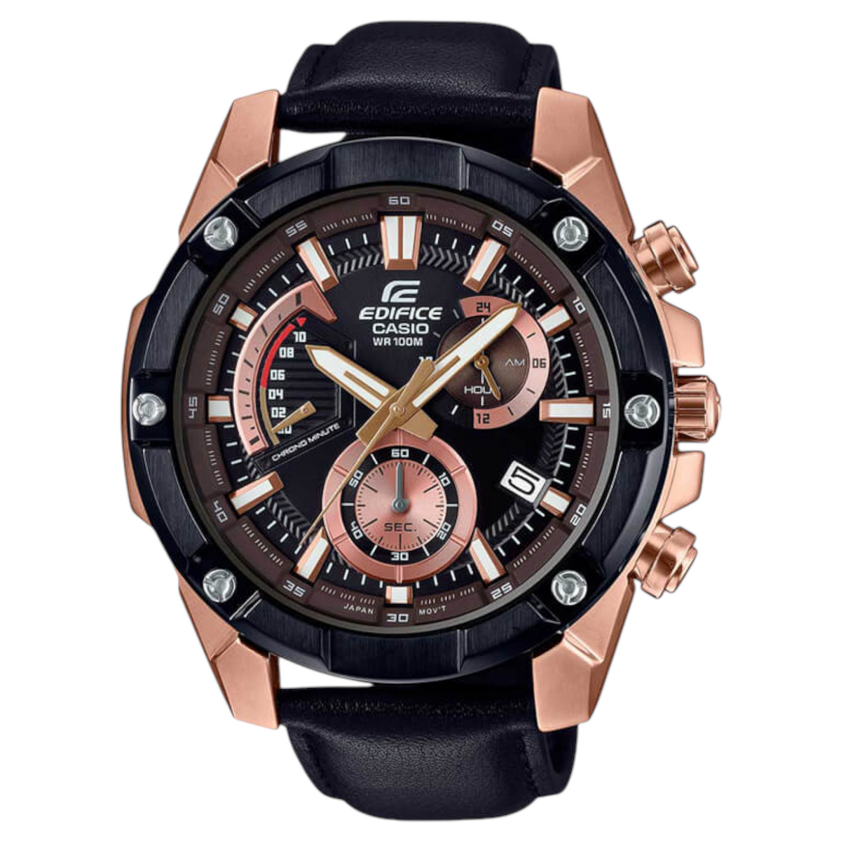 Casio Edifice EFR-559BGL-1AV men's chronograph watch, black dial, genuine black leather strap – front view