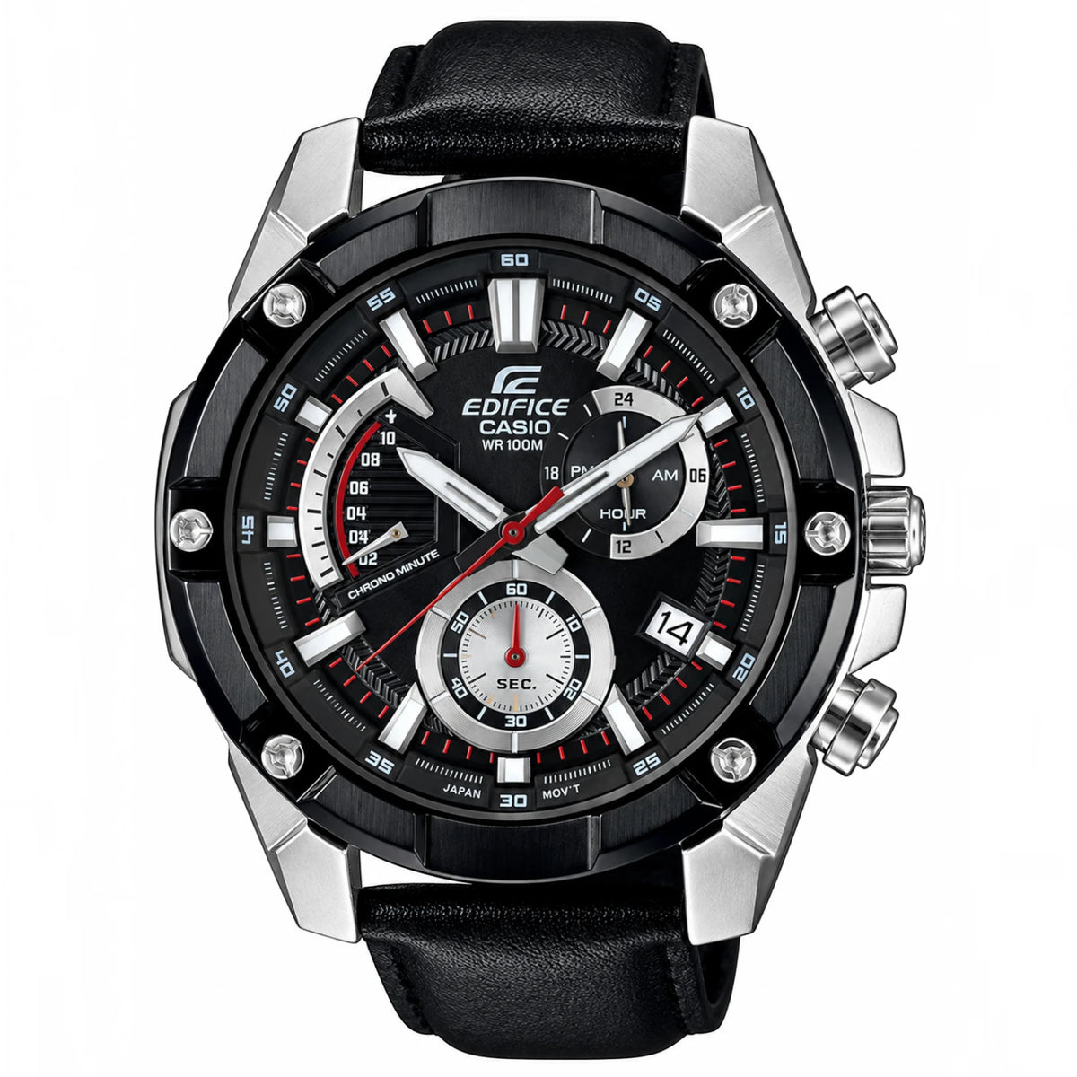 Casio Edifice EFR-559BGL-2AV men's chronograph watch, black dial, genuine black leather strap – front view