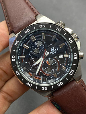 Casio Edifice EFR-564BL-5AV men's chronograph watch, black dial, genuine brown leather strap – detail view 3