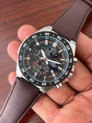 Casio Edifice EFR-564BL-5AV men's chronograph watch, black dial, genuine brown leather strap – detail view 4