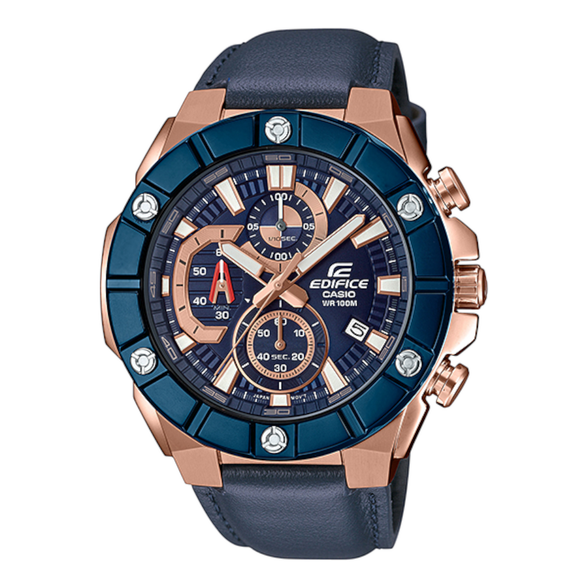 Casio Edifice EFR-569BL-2AV men's chronograph watch, blue dial, genuine blue leather strap – front view
