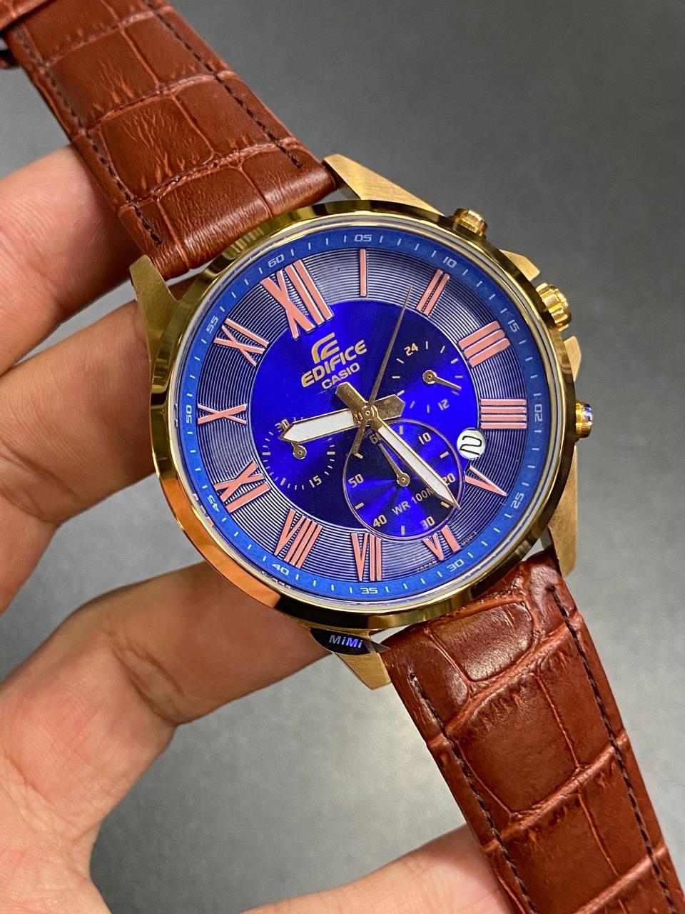 Casio Edifice EFV-500GL-2AV men's chronograph watch, blue dial, genuine brown leather strap – detail view 3