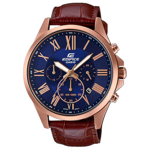 Casio Edifice EFV-500GL-2AV men's chronograph watch, blue dial, genuine brown leather strap – front view